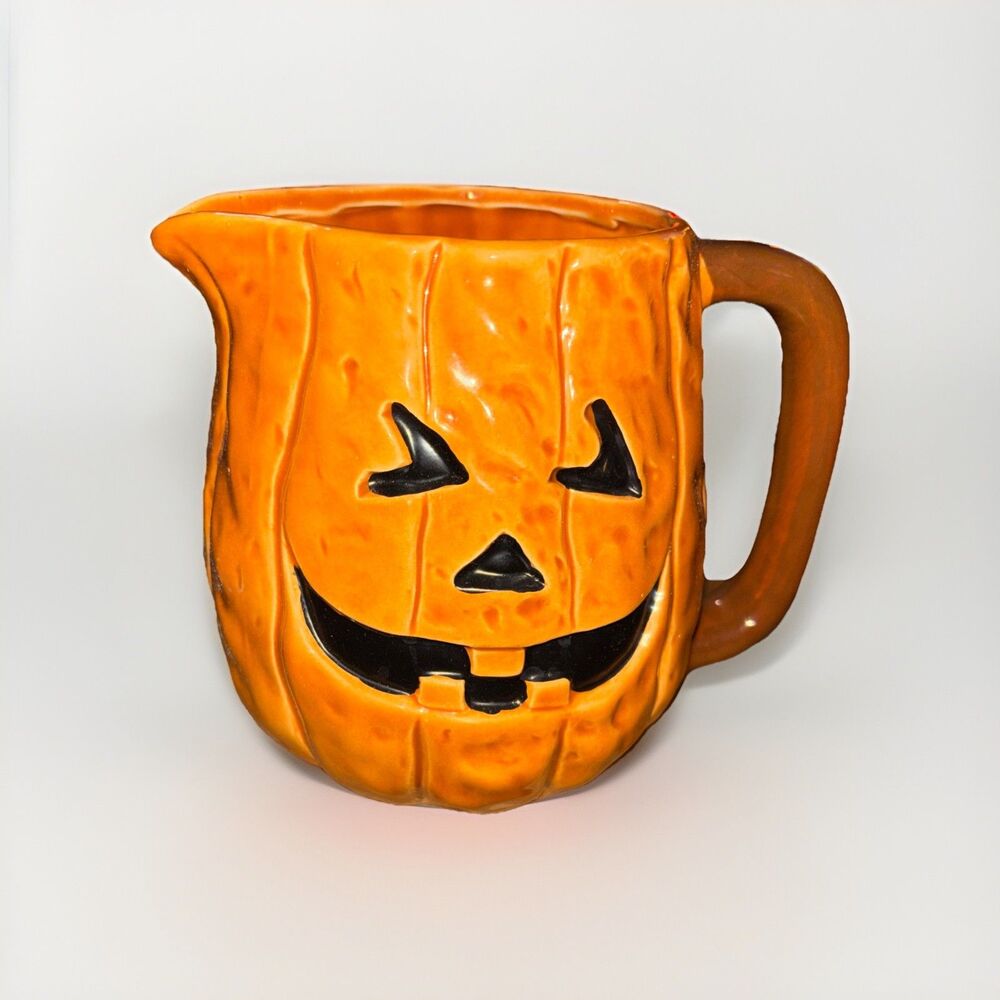 Vintage Halloween Jack-O-Lantern Ceramic Pitcher,& Cups Set (5 Pieces)